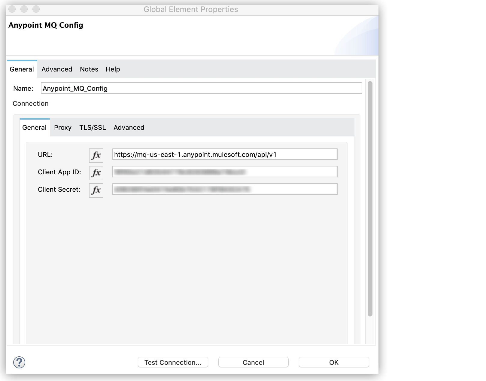 URL、クライアントアプリケーション ID、クライアントシークレットを含む [Global Element Properties (グローバル要素のプロパティ)]