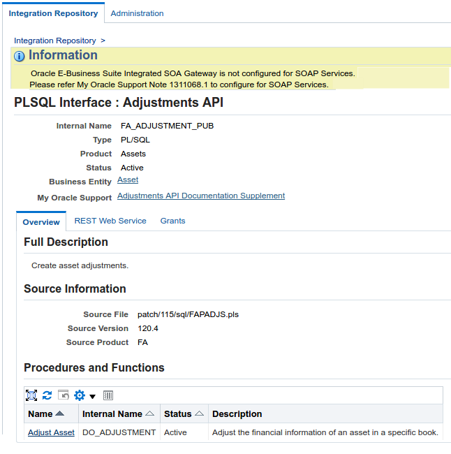PL/SQL のデプロイ Adjustment API ページ
