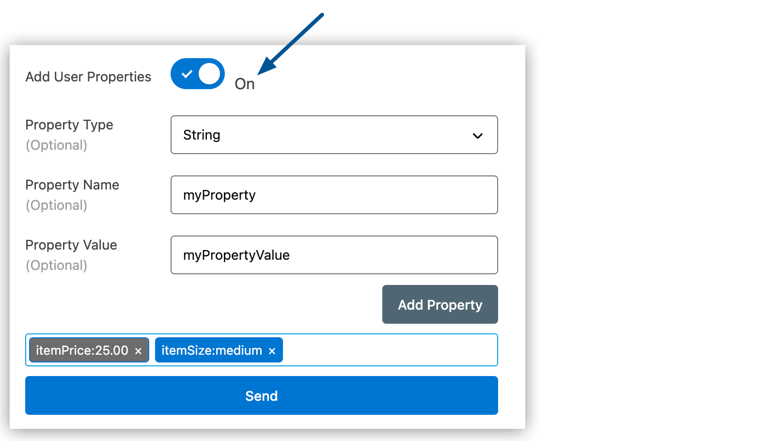 Message Sender page showing the Add User Properties toggle selected