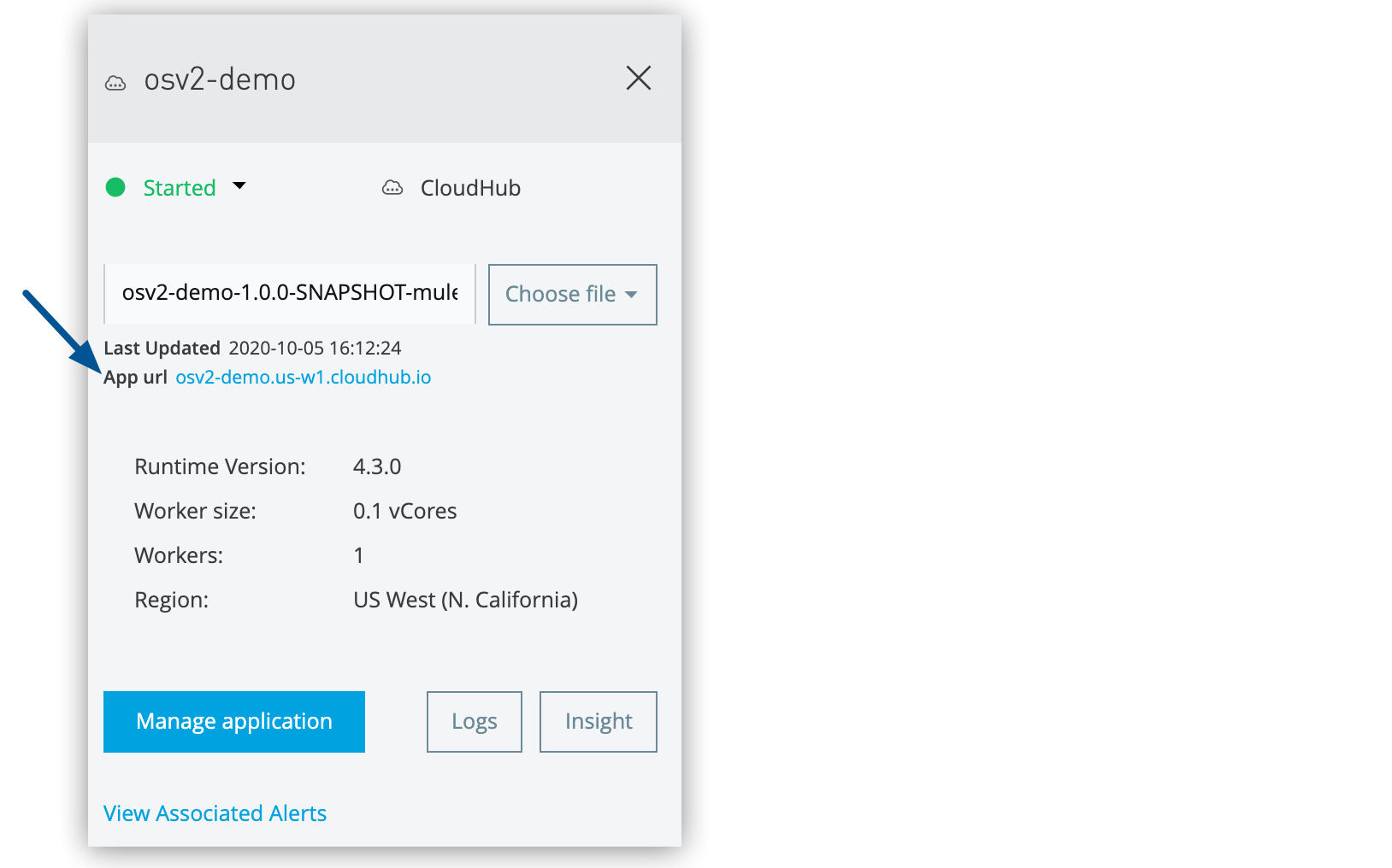 Runtime Manager app details pane showing the App url